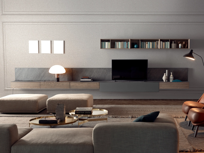 SPAZIO 04 - Sectional stone and wood storage wall by PIANCA
