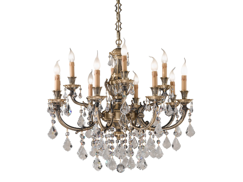 WINDSOR 888/8+4-SH/P - Antique Brass chandelier with Schoeler crystals by Possoni Illuminazione