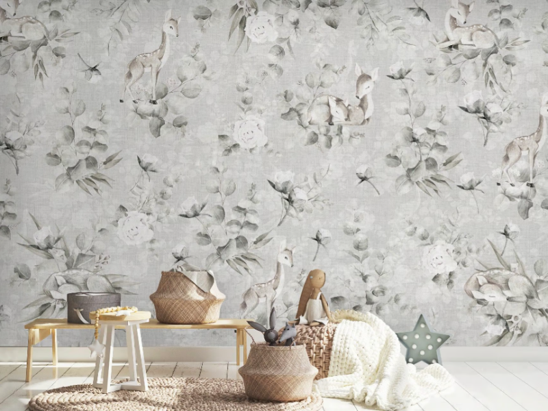 BAMBI FEAT EUCALYPTUS - GRAY - Kids wallpaper with floral pattern by Studijo