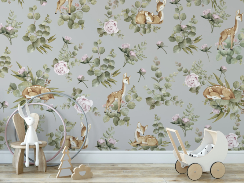 Bambi feat Eucalyptus - Kids wallpaper with floral pattern by Studijo