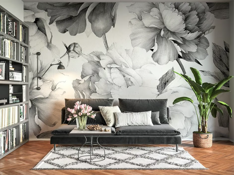 PEONIES BLACK AND WHITE - Wallpaper with floral pattern by Studijo