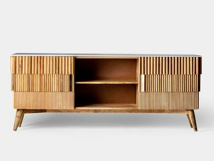 PLISSÉ WOOD - Mango and marble TV cabinet with doors by Vical Home