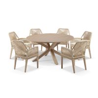 Beachport Outdoor 1500 Round Aluminium Dining Set with 6 Lorne Chairs Light Oak Look/Cream Rope/Cream