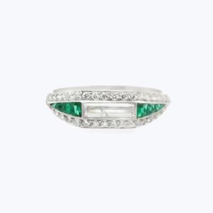 Art Deco Diamond And Emerald Platinum Ring - Accessories by Abchome
