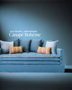 Canapé Bohème 200 cm en lin stonewashed Capri océan - Sofa by Bérengère Leroy