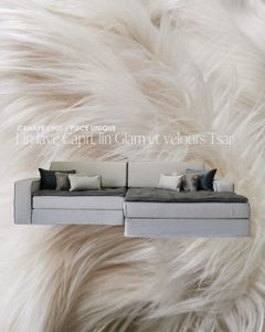 Canapé méridienne L-HUI 310 cm en lin lavé Capri et velours Tsar - Sofa by Bérengère Leroy
