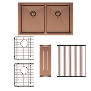 Hana 27L/27L Double Kitchen Sink Kit, Brushed Copper - Kitchen Sink by Fienza