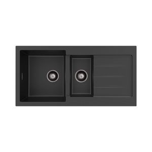 Kuro Granite32L/14L Double Kitchen Sink with Drainer, Matte Black - Kitchen Sink by Fienza