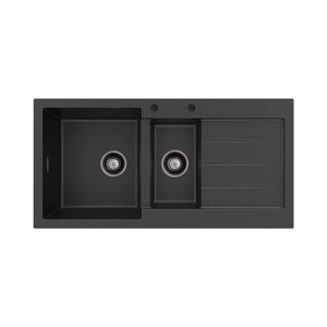 Kuro Granite 32L/14L Double Kitchen Sink with Drainer, Left Bowl, 2 Tap Holes, Matte Black - Kitchen Sink by Fienza