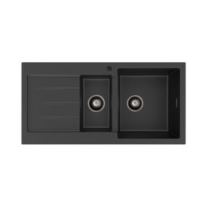 Kuro Granite 32L/14L Double Kitchen Sink with Drainer, Right Bowl, 1 Tap Hole, Matte Black - Kitchen Sink by Fienza