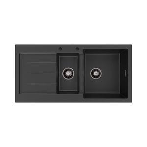 Kuro Granite 32L/14L Double Kitchen Sink with Drainer, Right Bowl, 2 Tap Holes, Matte Black - Kitchen Sink by Fienza