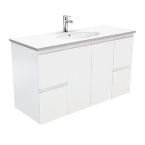 Rotondo Fingerpull Satin White 1200 Wall-Hung Vanity - Washbasin cabinet by Fienza