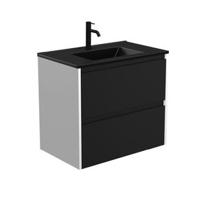 Dolce Matte Black Amato 750 Satin Black Wall-Hung Vanity, Satin White Panels - Washbasin cabinet by Fienza