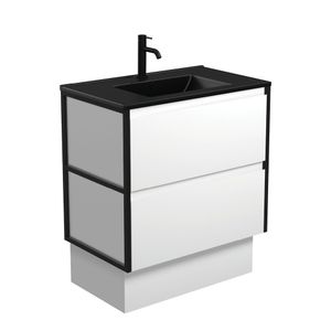 Dolce Matte Black Amato 750 Satin White Vanity On Kick, Matte Black Frames - Washbasin cabinet by Fienza