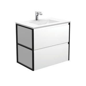 Vanessa Amato 750 Satin White Wall-Hung Vanity, Matte Black Frames - Washbasin cabinet by Fienza