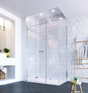 ORO Bifold Door with Ultra Frameless Corner Side Panel - Shower by Flair Showers
