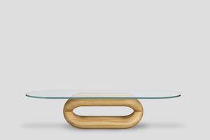 Gudi Masif Meşe Üzeri Meşe Cilalı Ayak, Ultraclear Cam Tabla Oval Orta Sehpa - Table by Forni