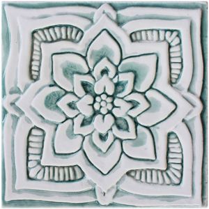Handmade tile aqua white mandala #3 [15cm/5.9"] - Wall tile-stone-brick by G Vega