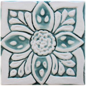 Handmade tile aqua white suzani #2 [15cm/5.9"] - Wall tile-stone-brick by G Vega