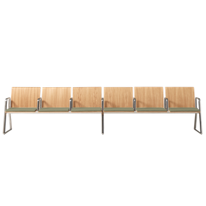 Lin Wood LIN0560 + LIN0060 + LIN0122RO + LIN0220 + LIN0210 + LIN0230 6 seater bench with wooden mono-shells seats, upholstered seat pads and intermediate arms - Bench by INCLASS