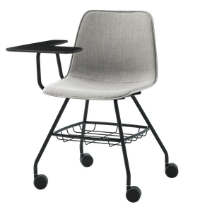 Varya Tapiz Chair with 4 leg frame on casters + basket + arm with writing tablet in HPL (detachable) - Table by INCLASS