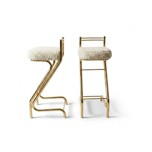 Pair of Mid-Century Z-Frame Bar Stools in Gold Finish and Natural Shearling