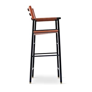 Repose Bar Stool with Backrest - Cowhide Leather with Brass Accents