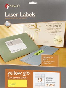 Laser Yellow Neon Labels, 1" x 2-5/8", 30/Sheet, 750 Labels/Pk | Maco - Accessories by MA.CO. Sofa & Bed