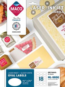 Laser/Inkjet Glossy White Oval Multi-Purpose Labels, 1.5" x 2.5", 18/Sht, 180/Pk | Maco - Accessories by MA.CO. Sofa & Bed