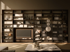 ANTIBES SYSTEMS - Sectional wall-mounted wooden bookcase with TV stand - Cabinet by Boffi