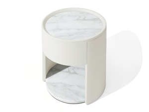 SIDE VIBE - Round leather and marble bedside table with drawers - Side table by Giorgetti