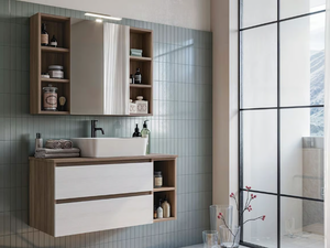 CUBIK 08 - Wall-mounted wooden vanity unit with mirror - Washbasin cabinet by LEGNOBAGNO