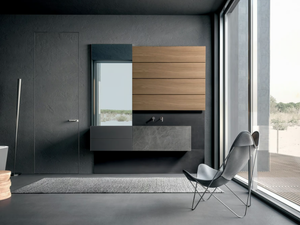 BLADE - Vanity unit in walnut and stoneware with mirror and drawers - Washbasin cabinet by MODULNOVA