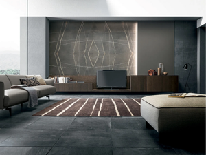 MH6 - Natural stone and veneered oak TV wall system - Cabinet by MODULNOVA