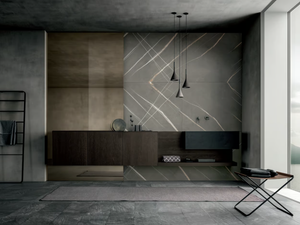 MH6 - Single wall-mounted oak vanity unit with integrated washbasin - Washbasin cabinet by MODULNOVA