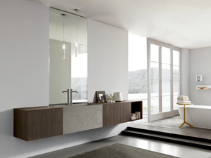 MORE - Single wall-mounted oak vanity unit with mirror - Washbasin cabinet by MODULNOVA