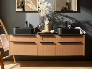 ARTLINE STRIPE WOOD CREMA - Wall-mounted double wooden vanity unit with drawers - Washbasin cabinet by Nolte Küchen