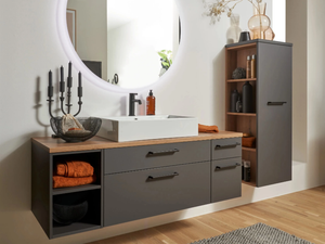 PLUS GRAPHITE SOFT MAT - Sectional wall-mounted wooden vanity unit with cabinets - Washbasin cabinet by Nolte Küchen