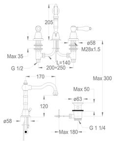 Melrose 21 Three-hole wash basin mixer, 205 mm high, center distance 170 mm long, with pop-up drain and pull-rod by Fir Italia - view 2