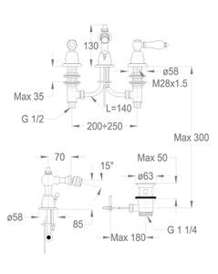 Melrose 21 Three-hole bidet mixer with spout, 130 mm high, center distance 70 mm long, with pop-up drain and pull-rod by Fir Italia - view 2