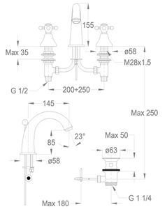 Melrose 22 Three-hole wash basin mixer, 155 mm high, center distance 145 mm long, with pop-up drain and pull-rod by Fir Italia - view 2