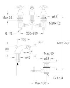 Melrose 22 Three-hole bidet mixer with spout, 80 mm high, center distance 105 mm long, with pop-up drain and pull-rod by Fir Italia - view 2