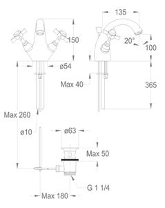 Canterbury 30 One-hole wash basin mixer, 150 mm high, center distance 135 mm long, with pop-up drain and pull-rod by Fir Italia - view 2