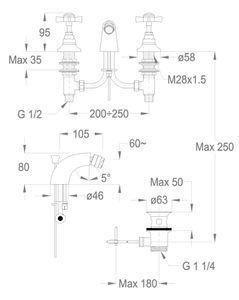 Canterbury 30 Three-hole bidet mixer with spout, 80 mm high, center distance 105 mm long, with pop-up drain and pull-rod by Fir Italia - view 2