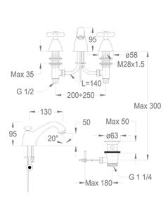 Alison 33 Three-hole wash basin mixer, 95 mm high, center distance 130 mm long, with pop-up drain and pull-rod by Fir Italia - view 2