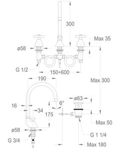 Alison 33 Three-hole wash basin mixer, 300 mm high, center distance 200 mm long, with pop-up drain and pull-rod by Fir Italia - view 2