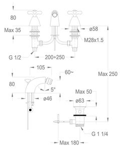 Alison 33 Three-hole bidet mixer with spout, 80 mm high, center distance 105 mm long, with pop-up drain and pull-rod by Fir Italia - view 2