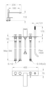 LifeSteel 59  Deck mounted bath mixer, with taps for spout and mixer for anti-limescale hand shower by Fir Italia - view 2