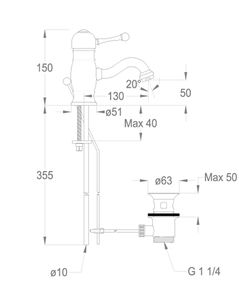 Melrose 70 Wash basin mixer, 150 mm high, center distance 130 mm long, with pop-up drain and pull-rod by Fir Italia - view 2
