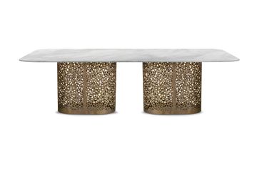 Dining table supported by perforated bronzed metal cylinders by Zanaboni - view 2
